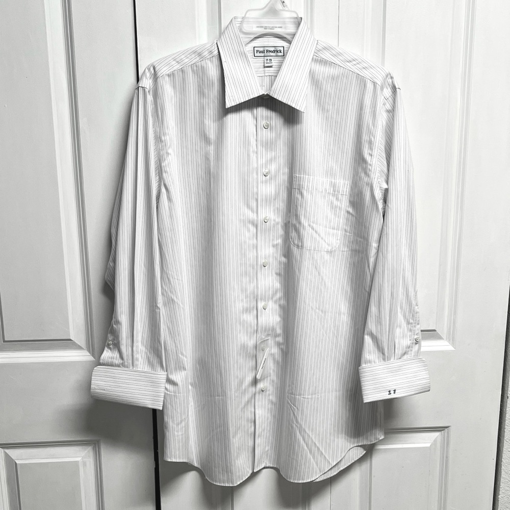 Paul Fredrick Men's White Pinstripe Pocket Dress Shirt French Cuff Size 17